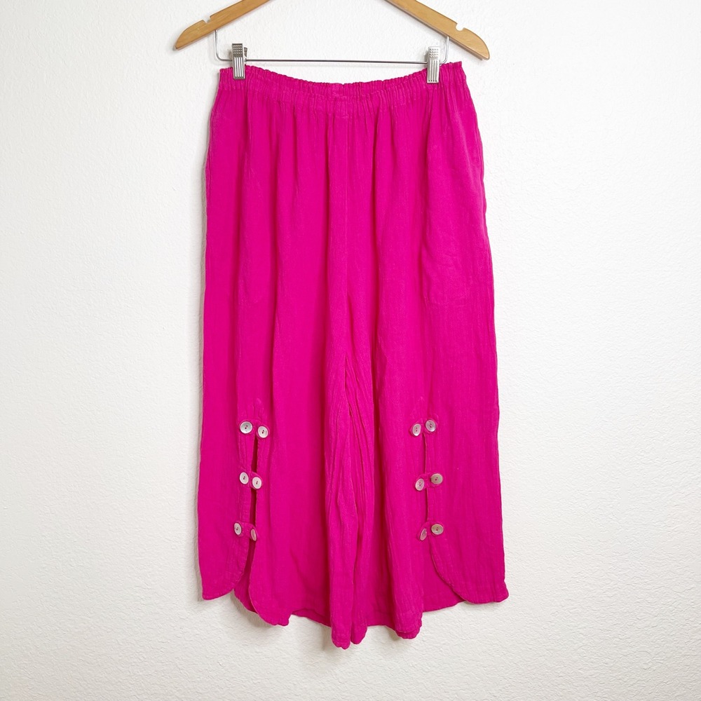 Oh My Gauze Hot Pink Cotton Wide Leg Pants Button Split Hem